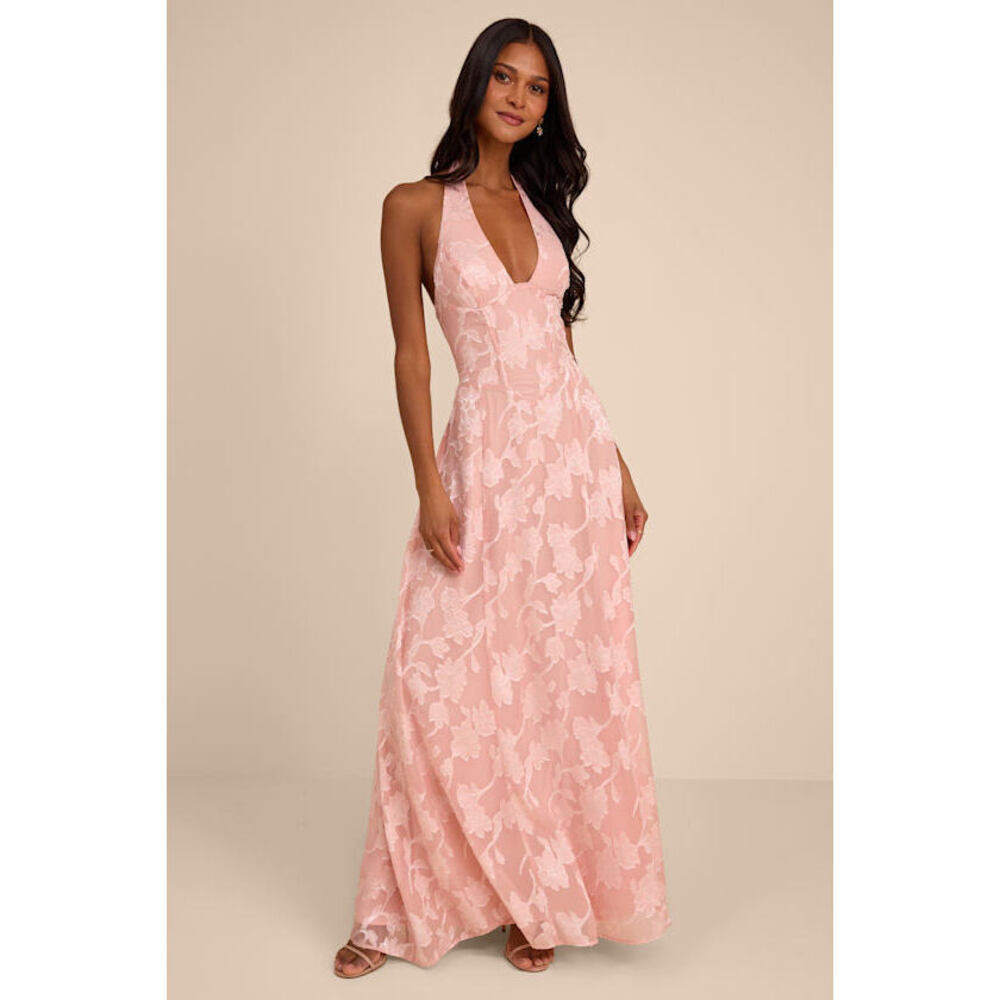 Lulus Maira Blush Pink Floral Burnout Halter Maxi Dress - Size M
